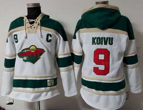 Wild #9 Mikko Koivu White Sawyer Hooded Sweatshirt Stitched NHL Jersey - Click Image to Close